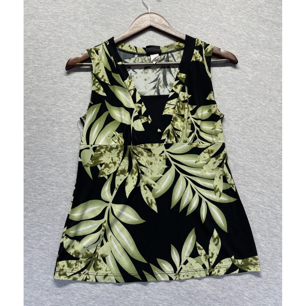 JKLA California Tank Top Womens Small Green Black Palm Leaf Print Sleeveless